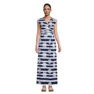 Lands End Womens Navy & White Palm Striped Wrap Maxi Dress L/P